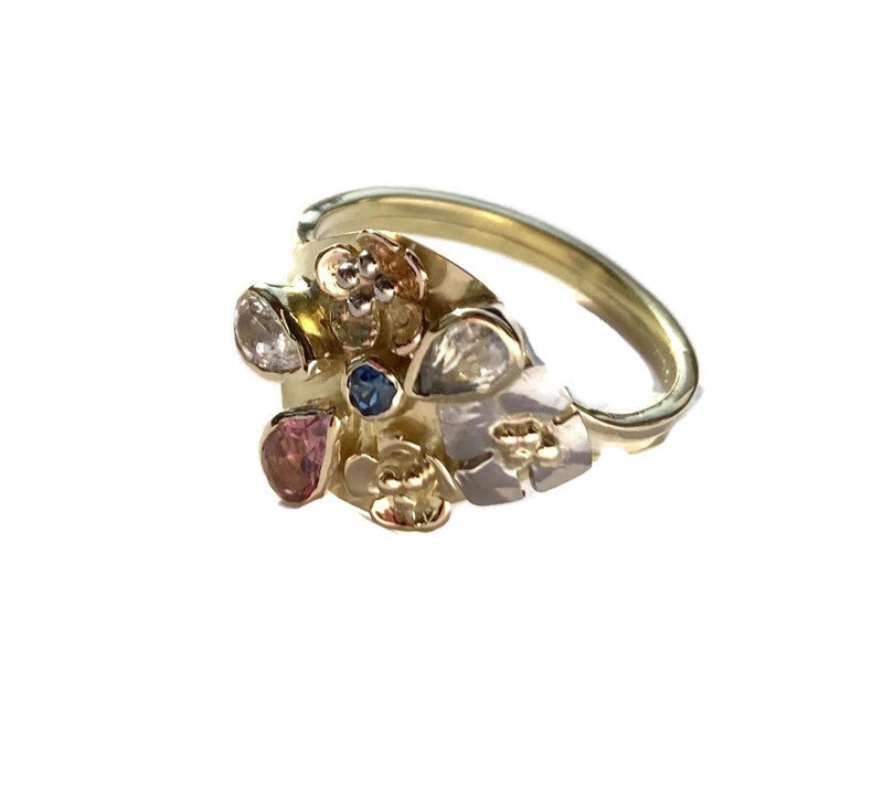 artisan multi colour gold floral cluster ring, on white background