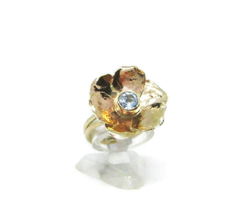 Rose and Blue Topaz Floral Gold Ring