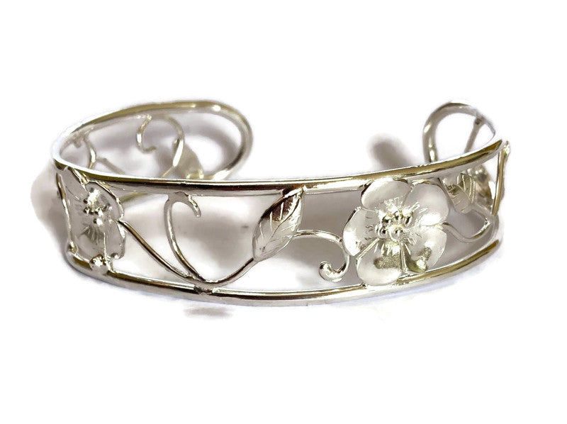 elvish wild rose silver bangle, on white background