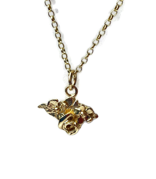 gold Isle of Wight floral pendant with rose, poppy and daisy in relief by Kim Styles Jewellery, on white background