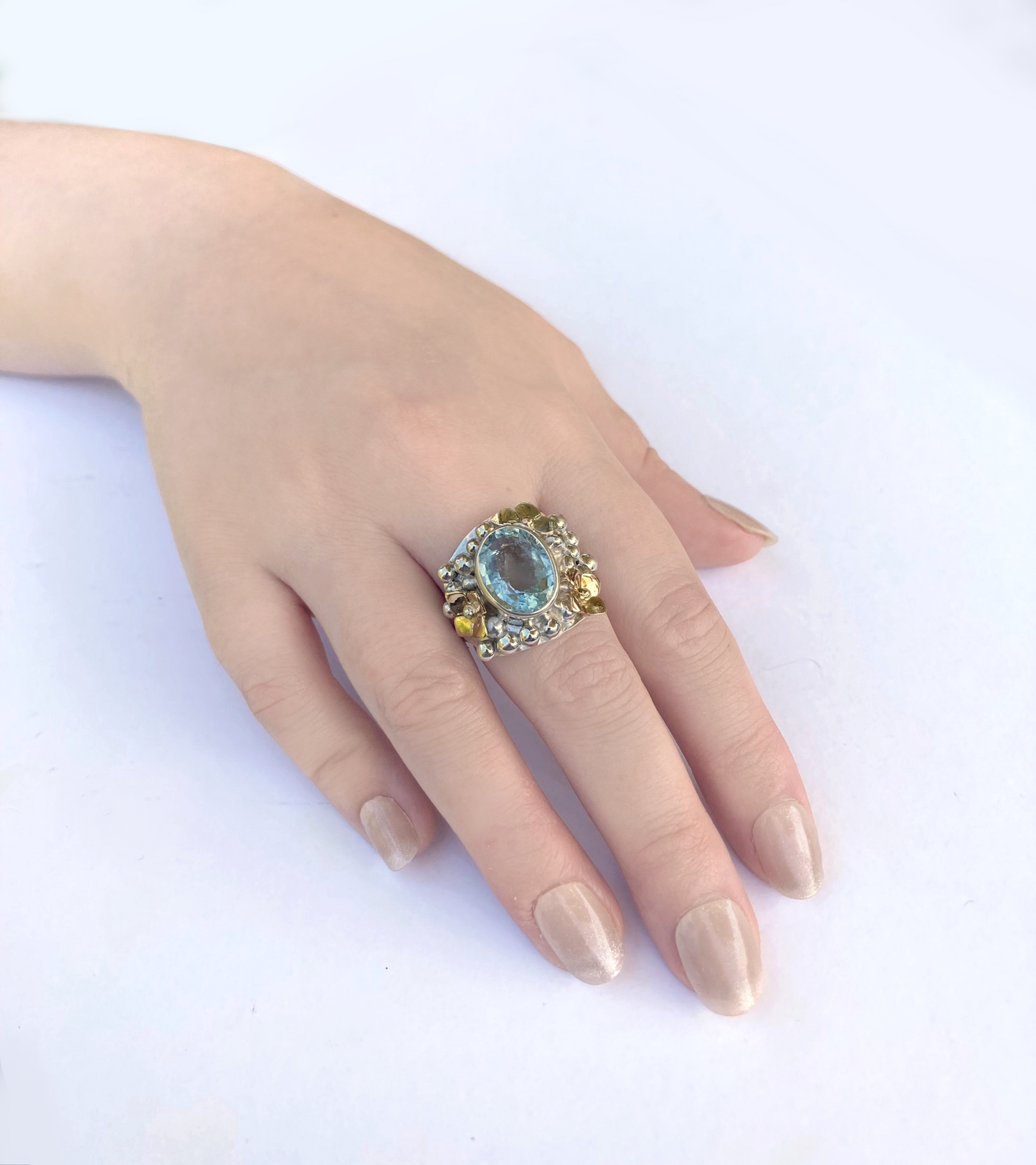 Aquamarine Hydrangea Floral Statement Ring in Gold and Silver