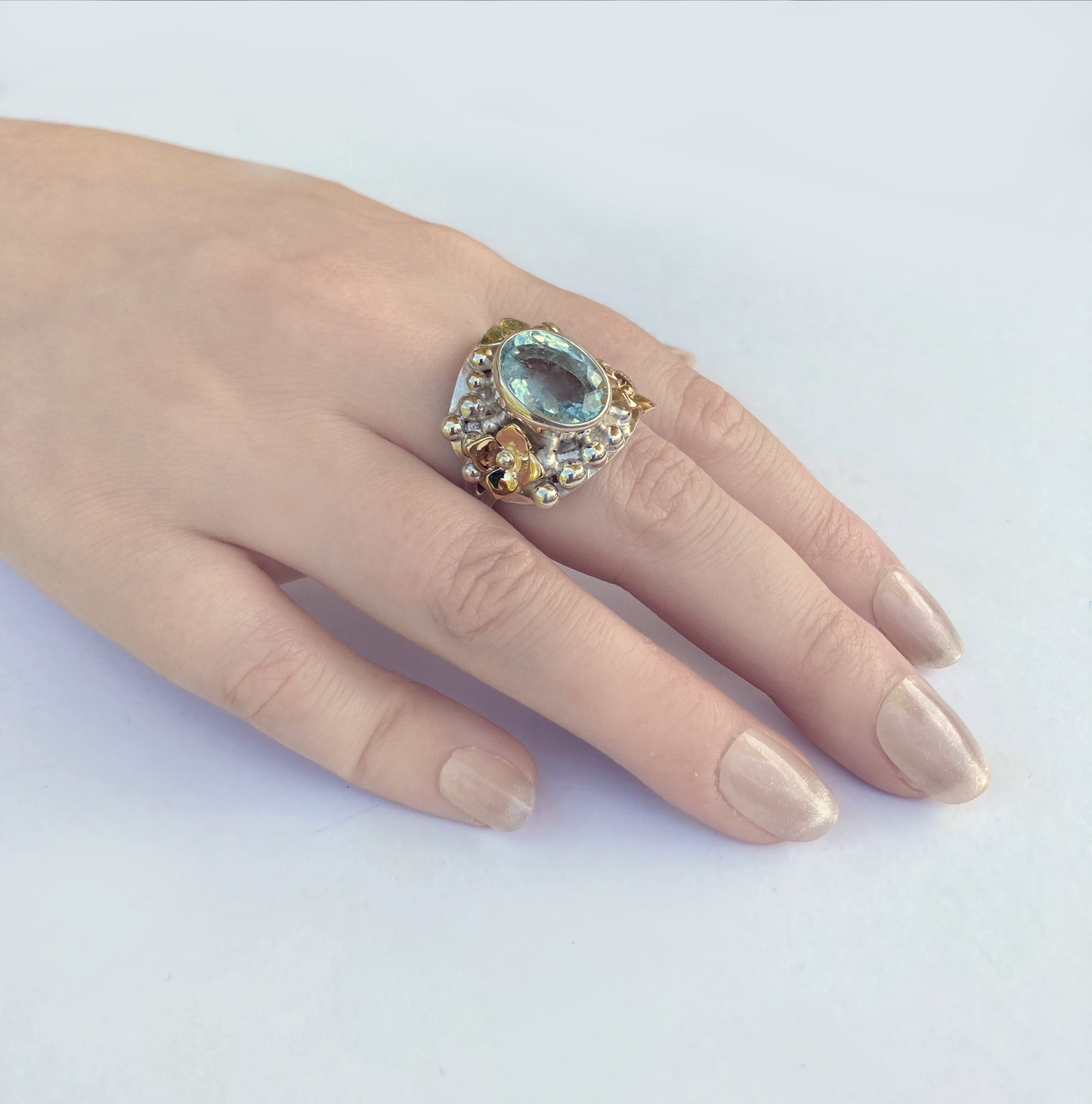 Aquamarine Hydrangea Floral Statement Ring in Gold and Silver