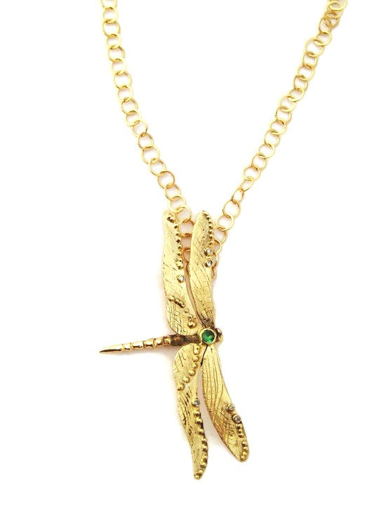 dramatic gold emerald and diamond dragonfly pendant and hand forged chain on white background