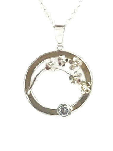 Blue Topaz Forget-me-Not Sprig Circle Pendant