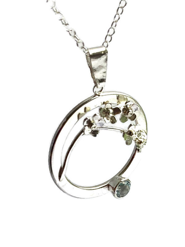 Blue Topaz Forget-me-Not Sprig Circle Pendant