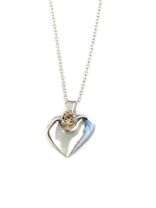 valentines day hand forged silver heart pendant with gold rose by Kim Styles Jewellery on white background