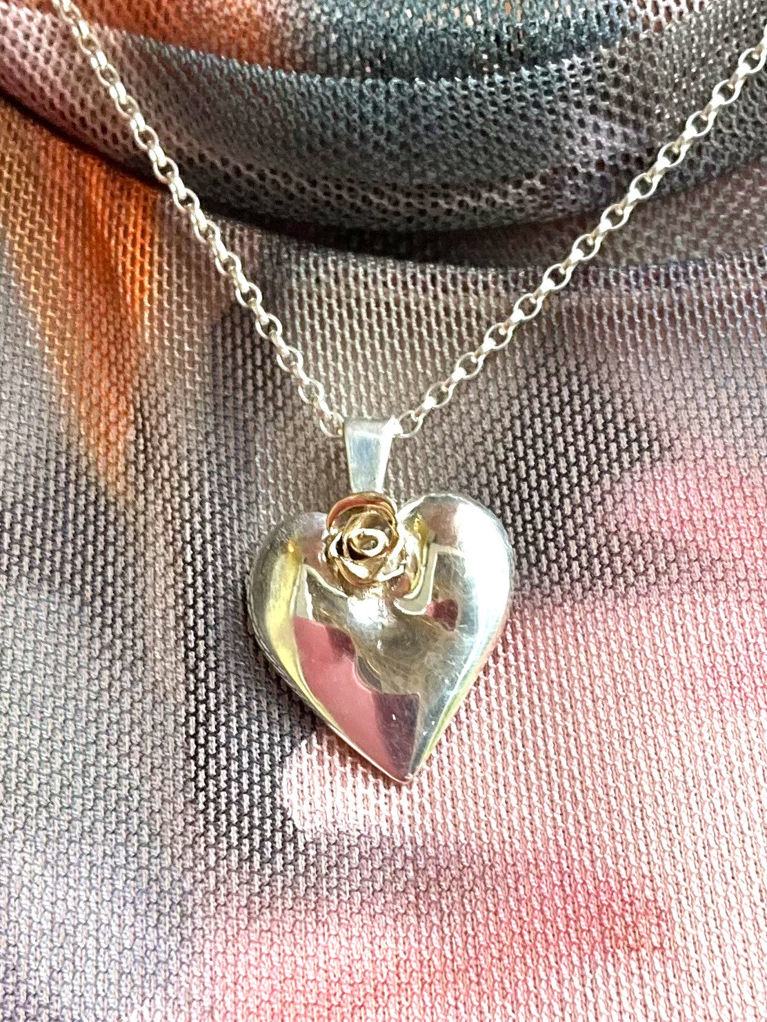 valentines necklace silver heart with gold rose on colourful dress