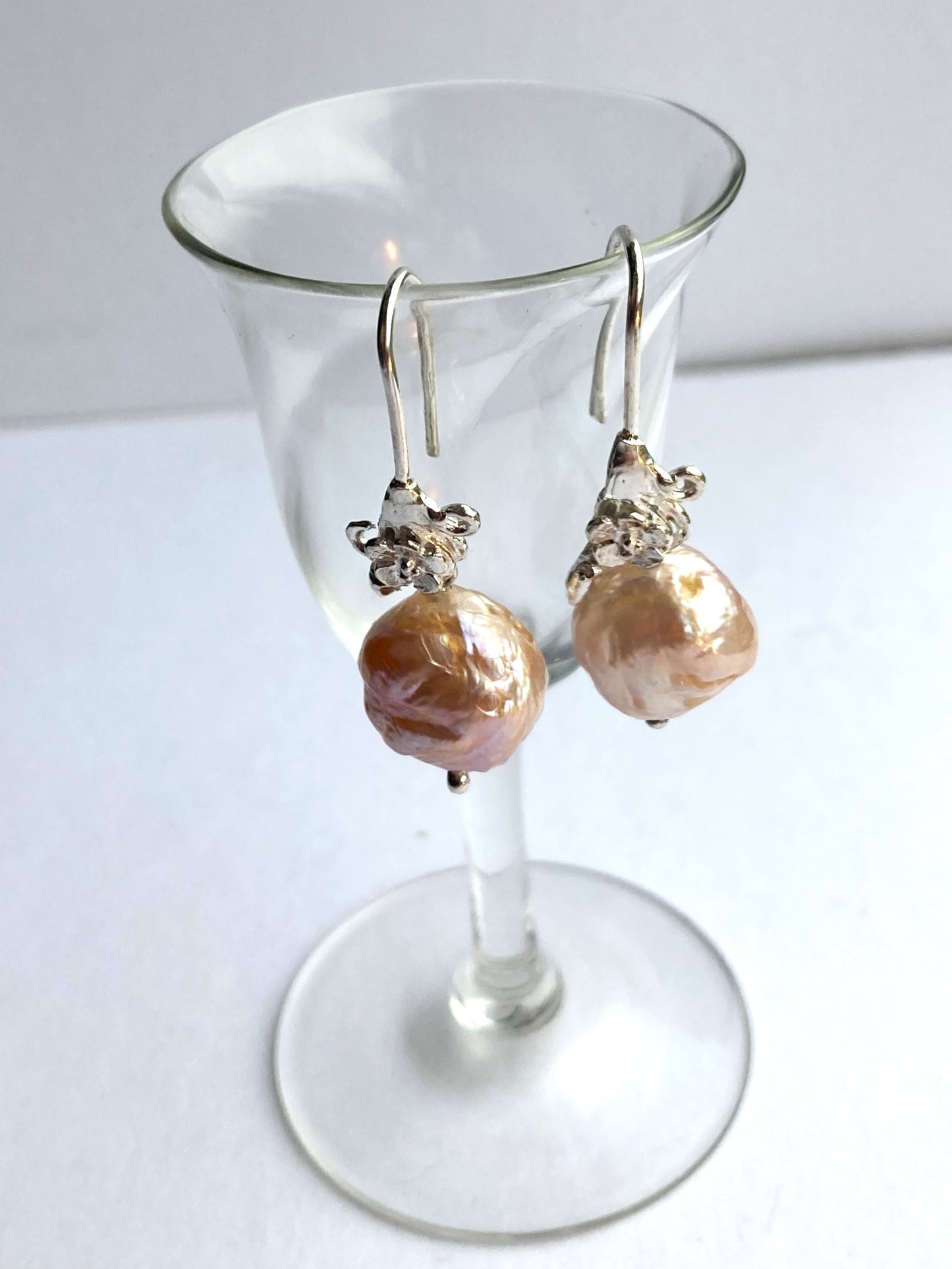 Pink Baroque Pearl Dangle Earrings with Floral Detail