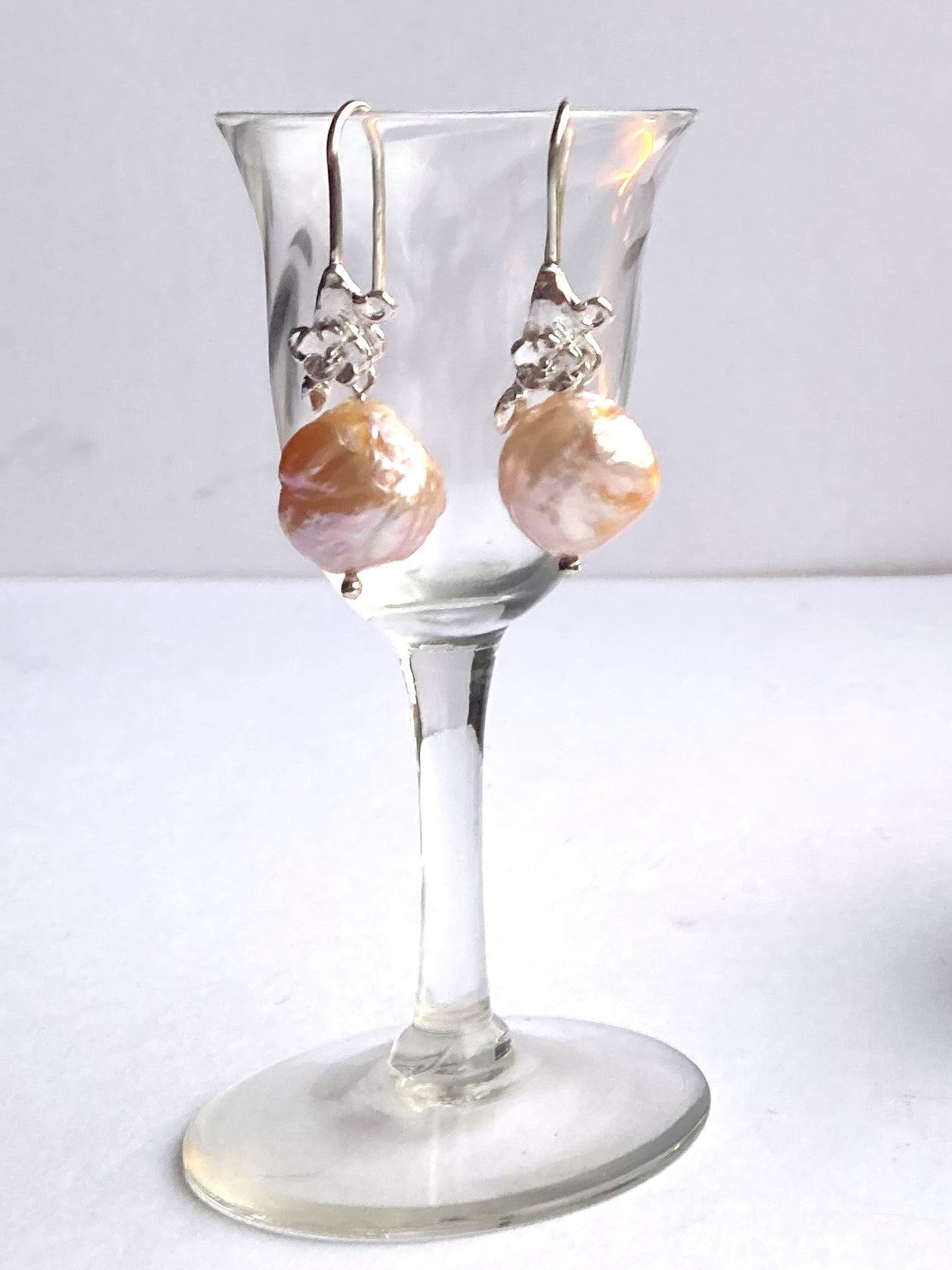 Pink Baroque Pearl Dangle Earrings with Floral Detail