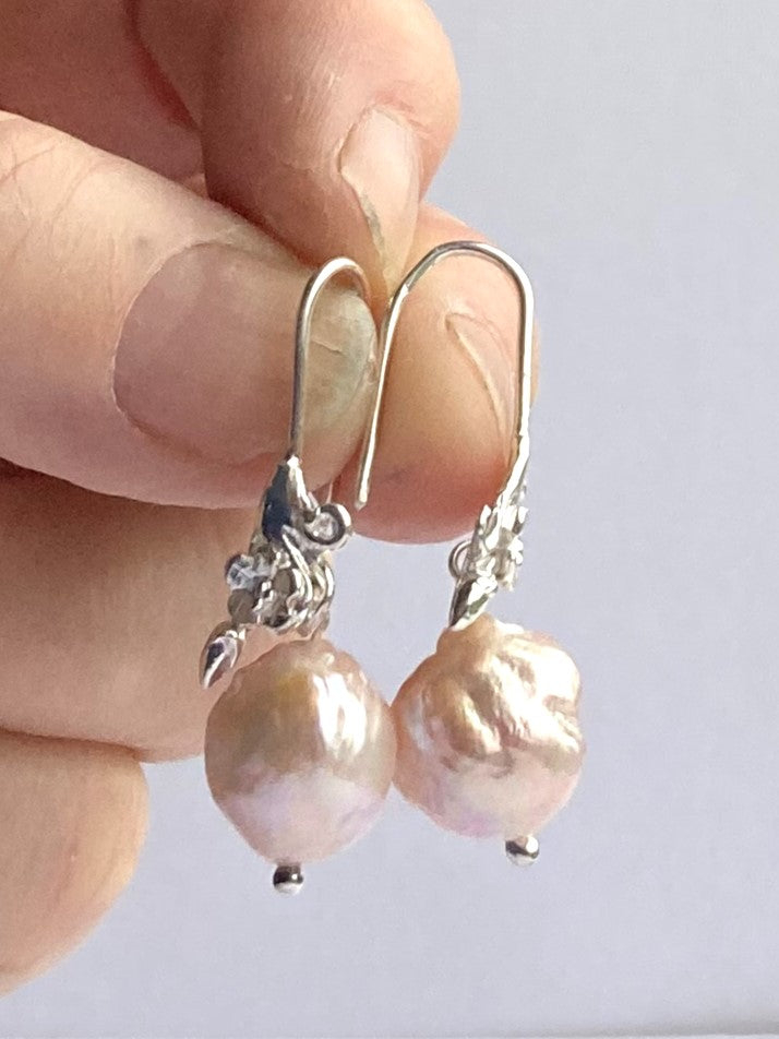 Pink Baroque Pearl Dangle Earrings with Floral Detail