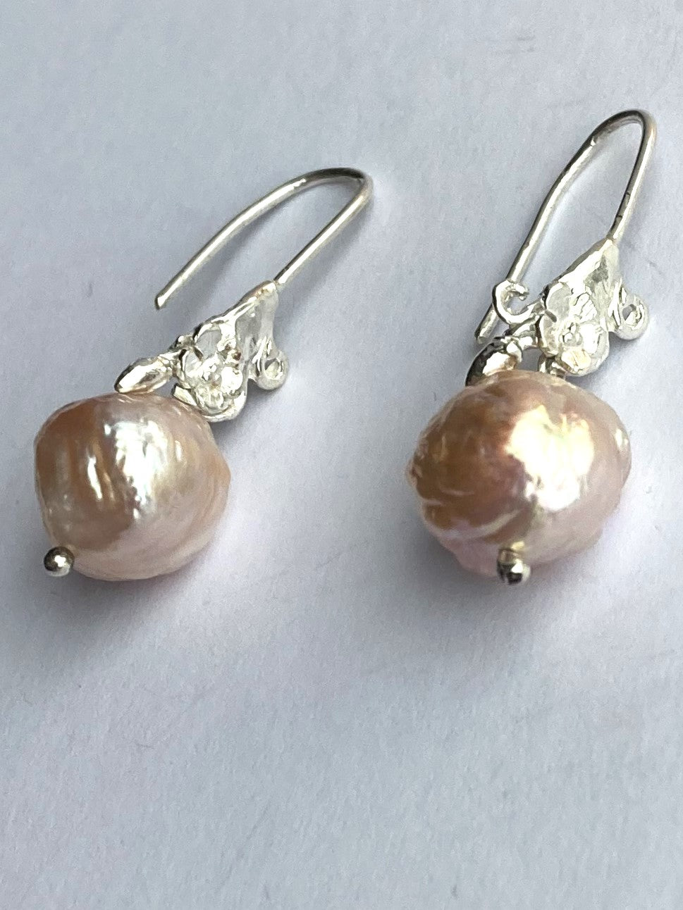 Pink Baroque Pearl Dangle Earrings with Floral Detail