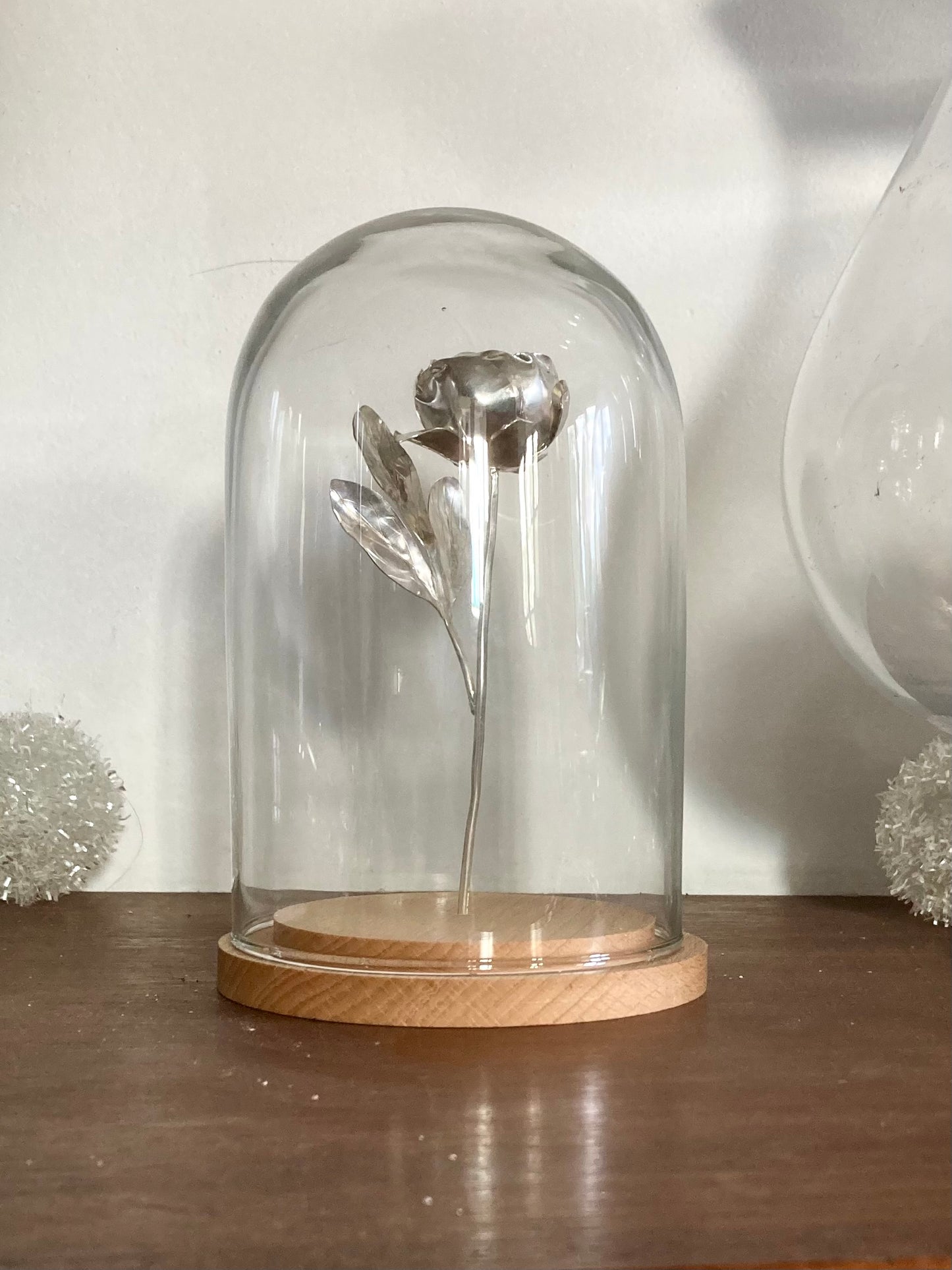 peony flower sculpture in sterling silver under glass dome