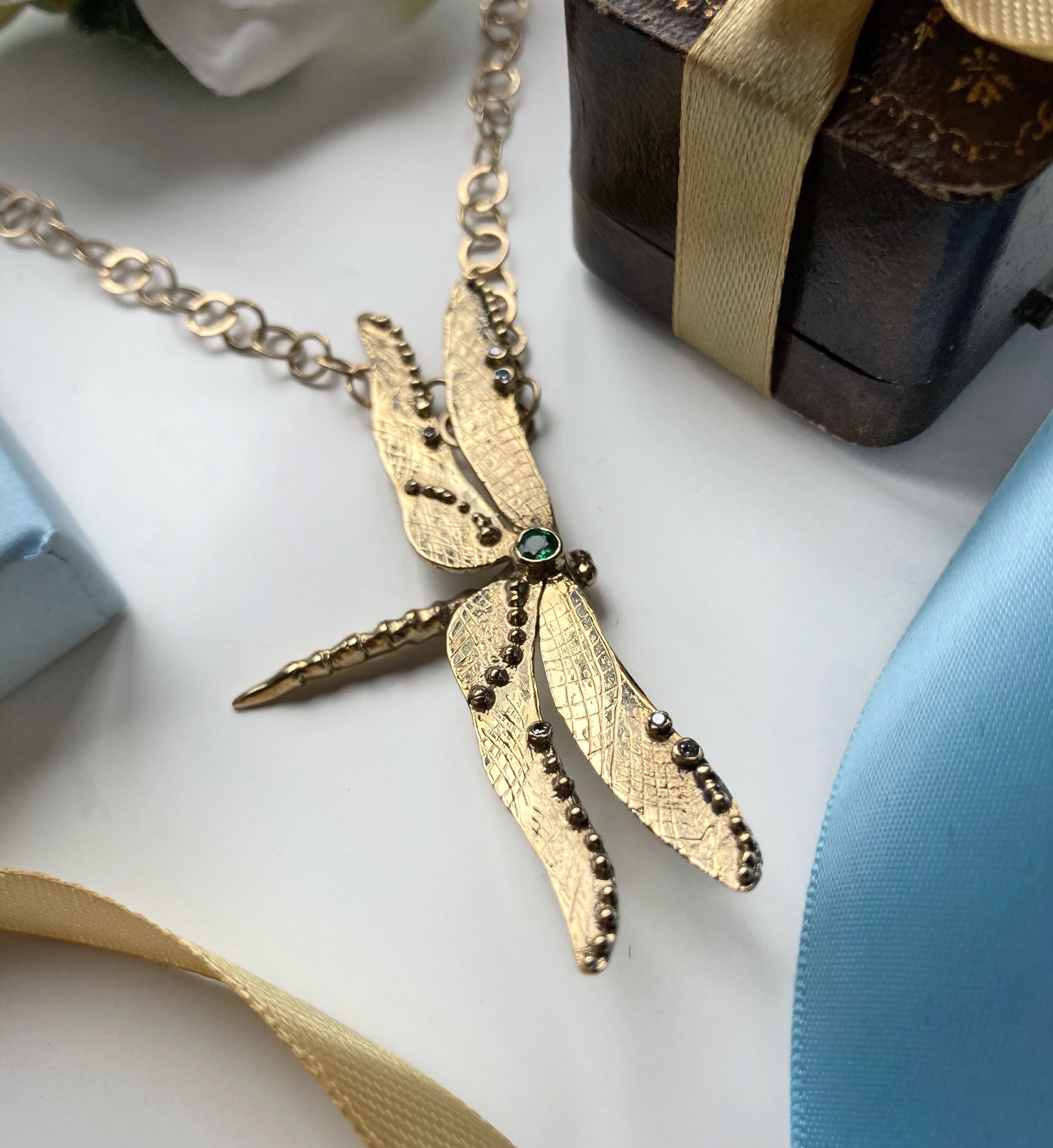 Dragonfly 14K White Gold Inlay Pendant Necklace | Kabana Jewelry