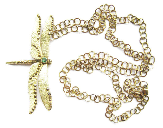 chunky solid gold dragonfly, diamond and emerald set pendant with long handmade gold chain, LGBTQ, fancy necklace, on white background