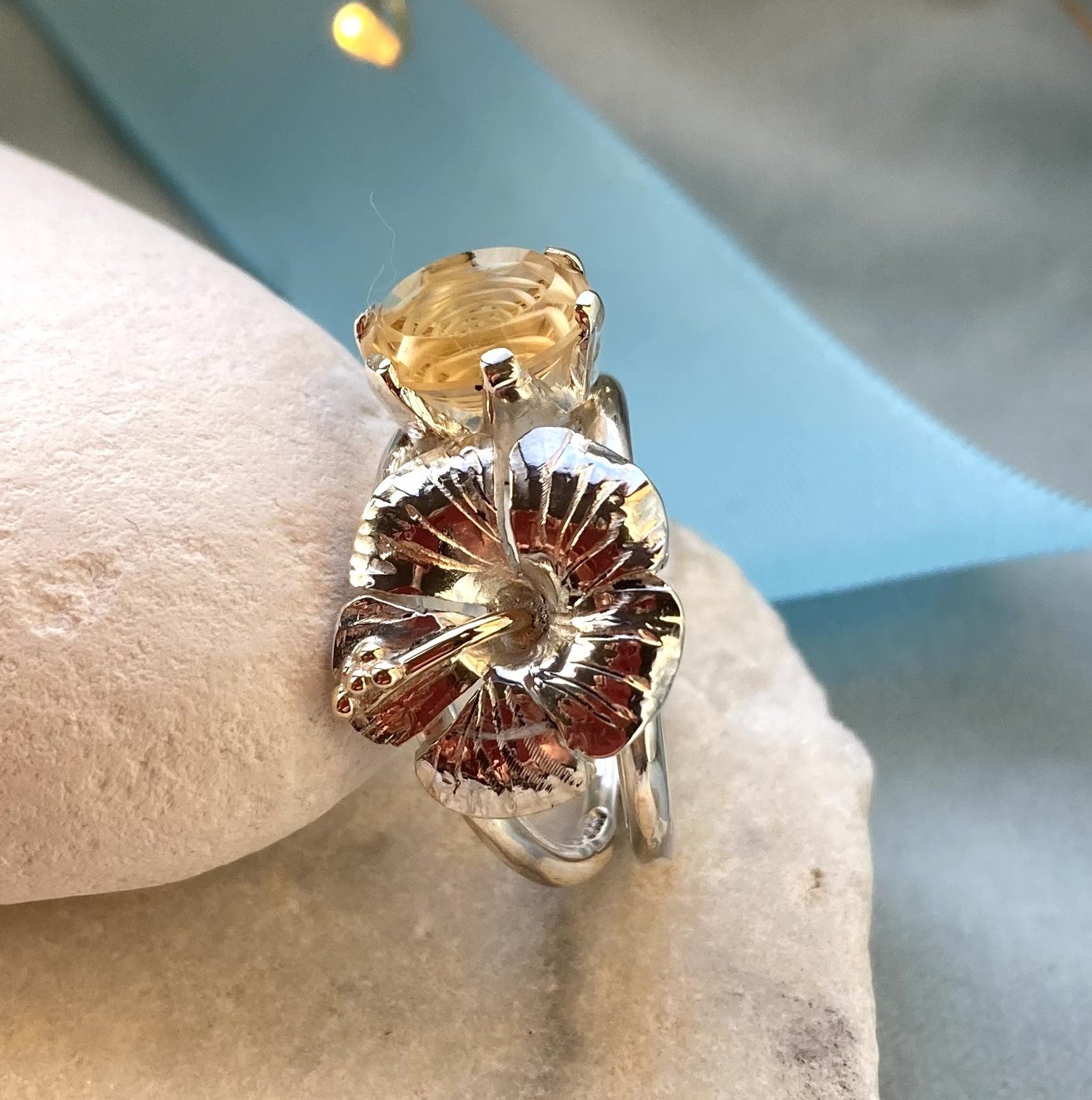 hibiscus and rose cut yellow stone statement ring